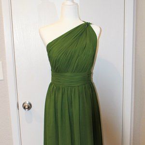 One shoulder full length olive green chiffon gown